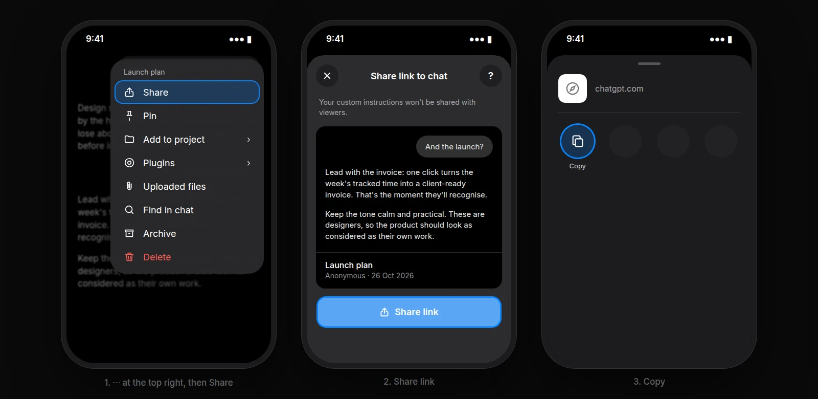 In the ChatGPT app on iPhone: the conversation menu with Share, the Share link to chat sheet, then Copy in the share sheet