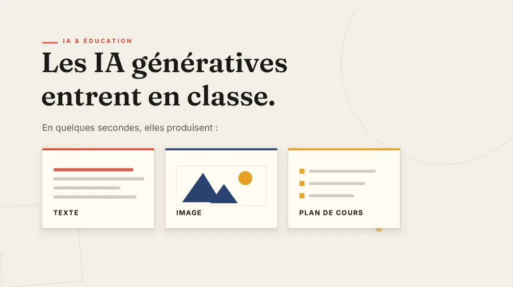 Opening: "Les IA génératives entrent en classe" with cards for text, image and lesson plan
